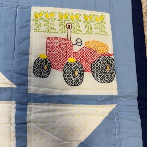 Homemade Embroidered Cross Stitch Baby Boy Blanket Police Fire Dump Truck 39"x26 - Picture 9 of 10